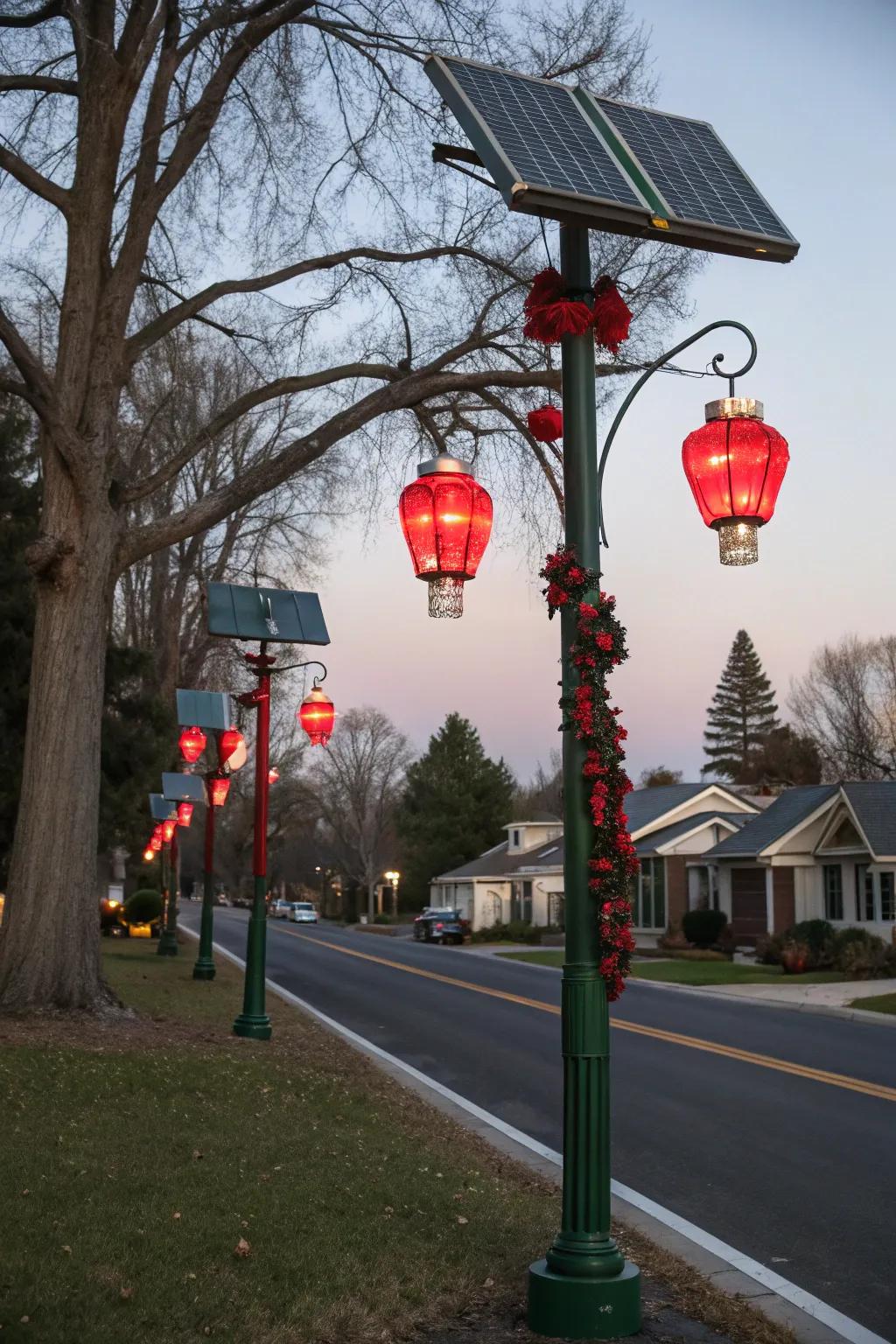 Solar-powered lanterns brighten a lamp post with festive hues.