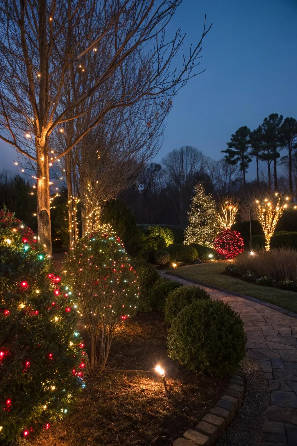 Small trees and bushes beautifully lit with colorful Christmas lights.