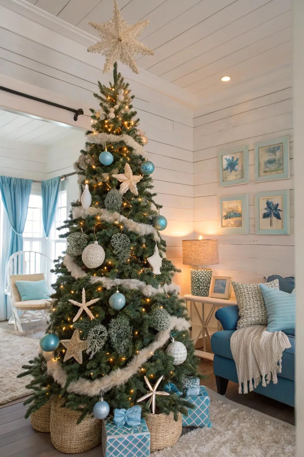 Transport the sea into your living room with a beneath-the-waves Christmas tree theme.