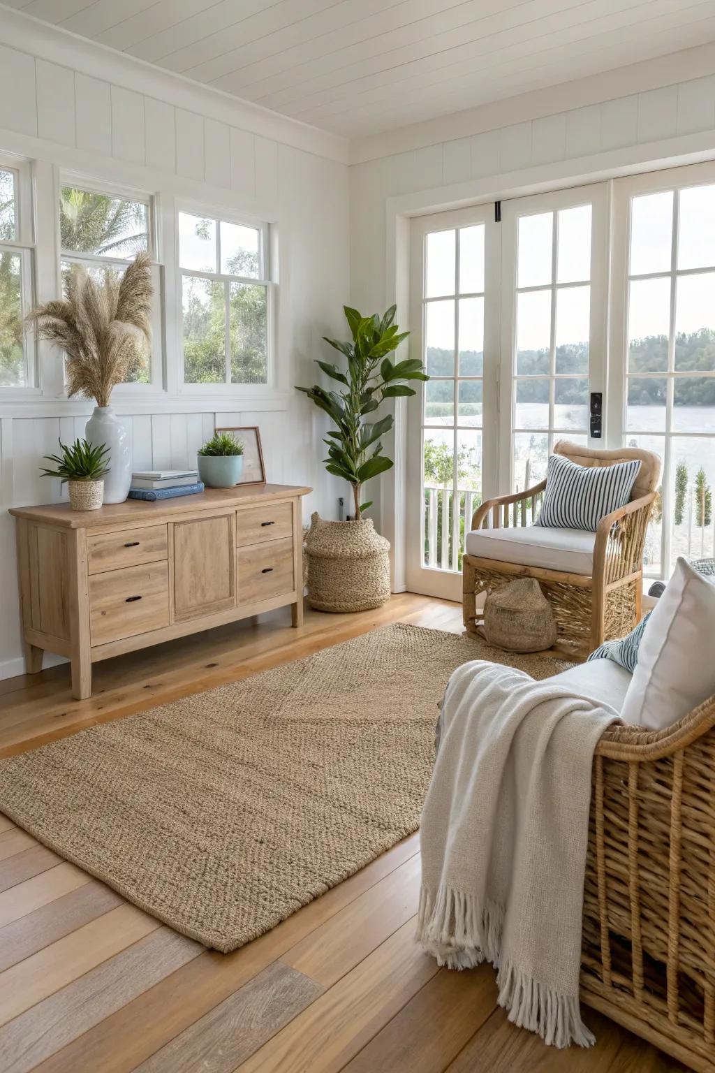 Textured carpets deliver an earthy, coastal base.