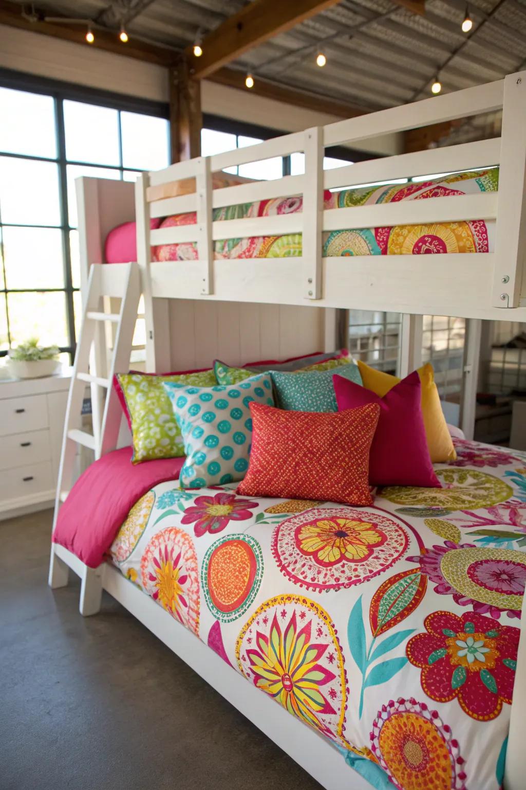 Bright bedding adds life and personality to your high-rise bed.