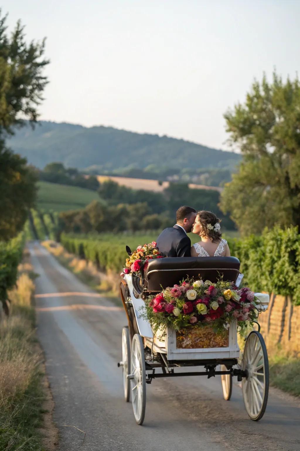 A romantic horse-drawn carriage for a country wedding.