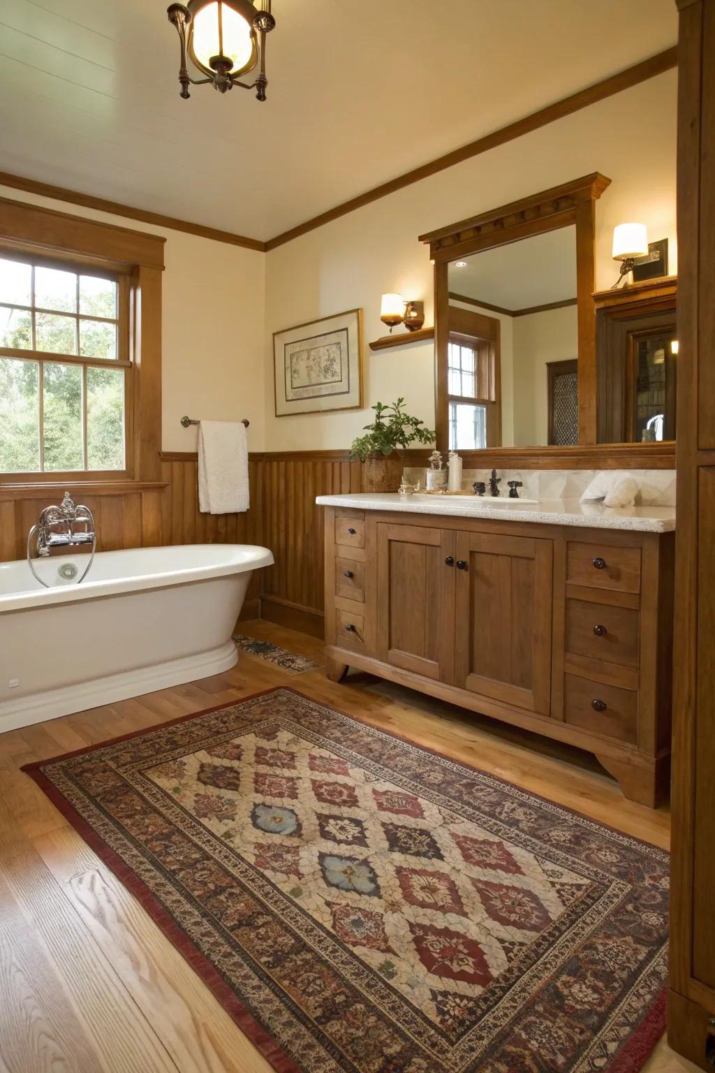 A cozy traditional rug adding warmth to the craftsman bathroom.