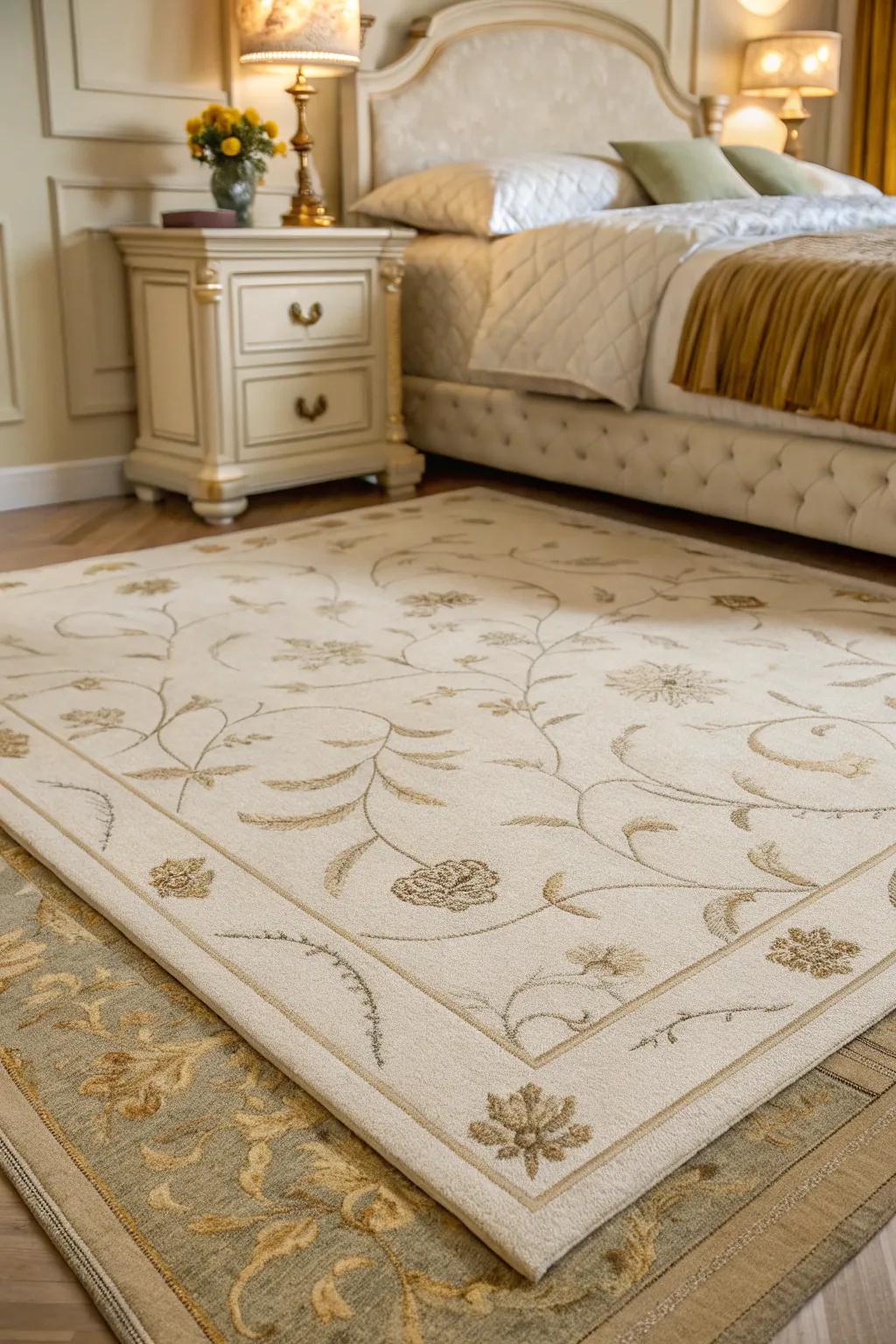 An understated rug adds comfort and cohesiveness to the bedroom design.
