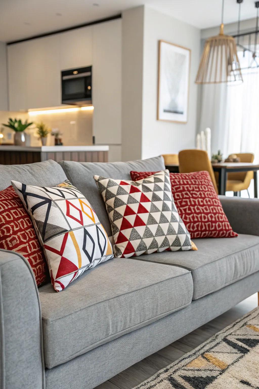 Symmetrical patterns imbue a cutting-edge sharpness to a charcoal sofa.
