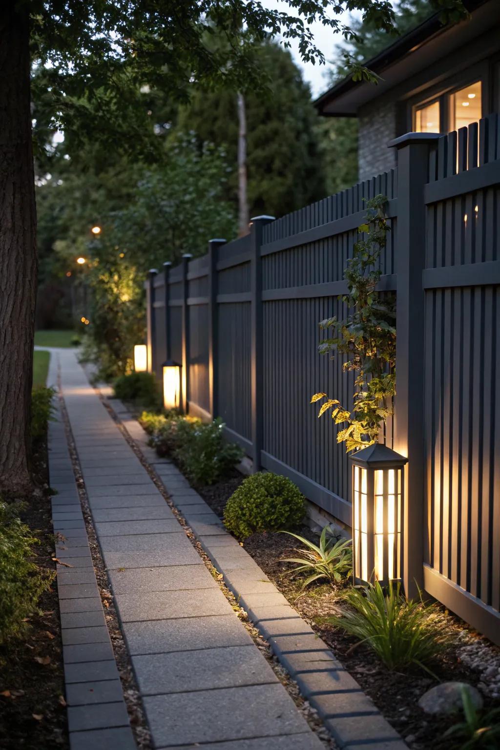 Outdoor lighting on a deep charcoal barrier creates enchanting light and shadow effects.