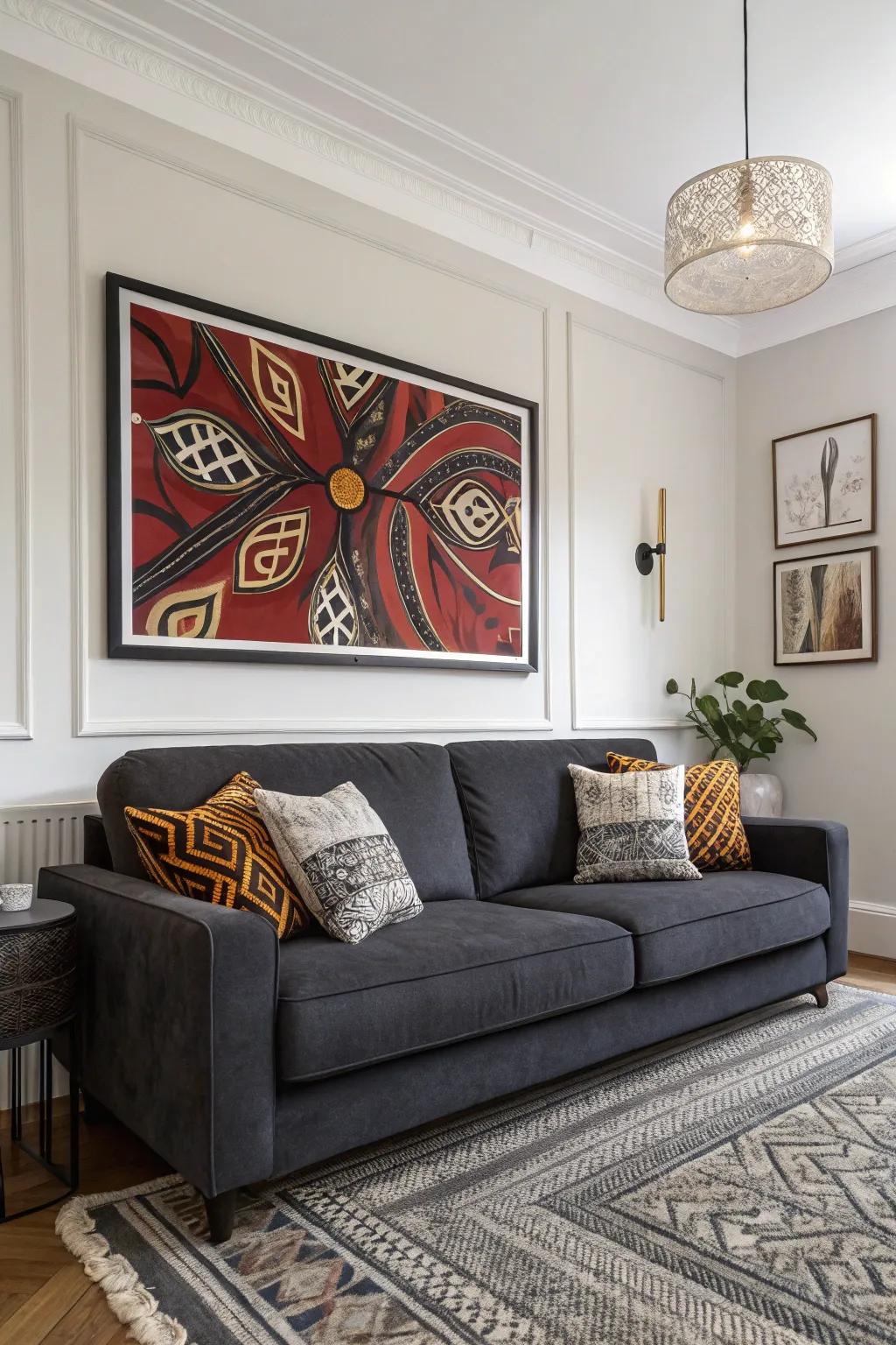 Bold artwork provides a striking focal point in a grey sofa setting.