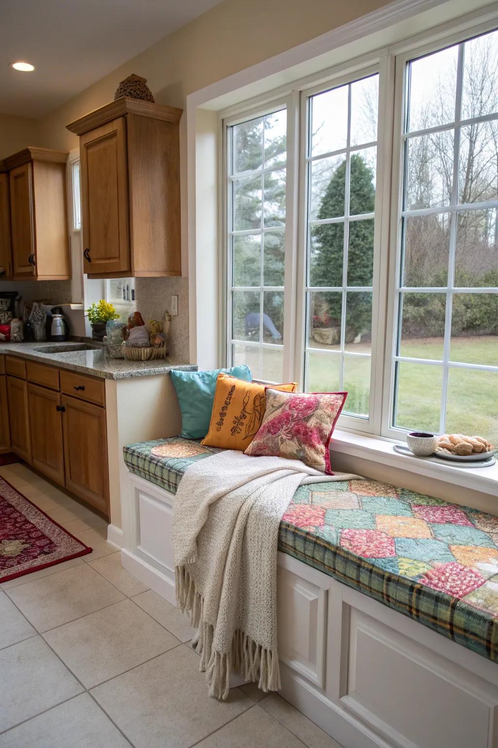 A snug window bench inspires relaxation in the kitchen.