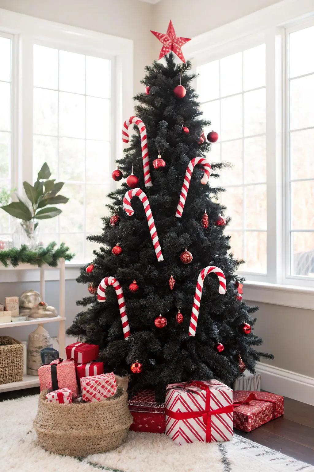 A whimsical ebony tree showcasing oversized ornaments.