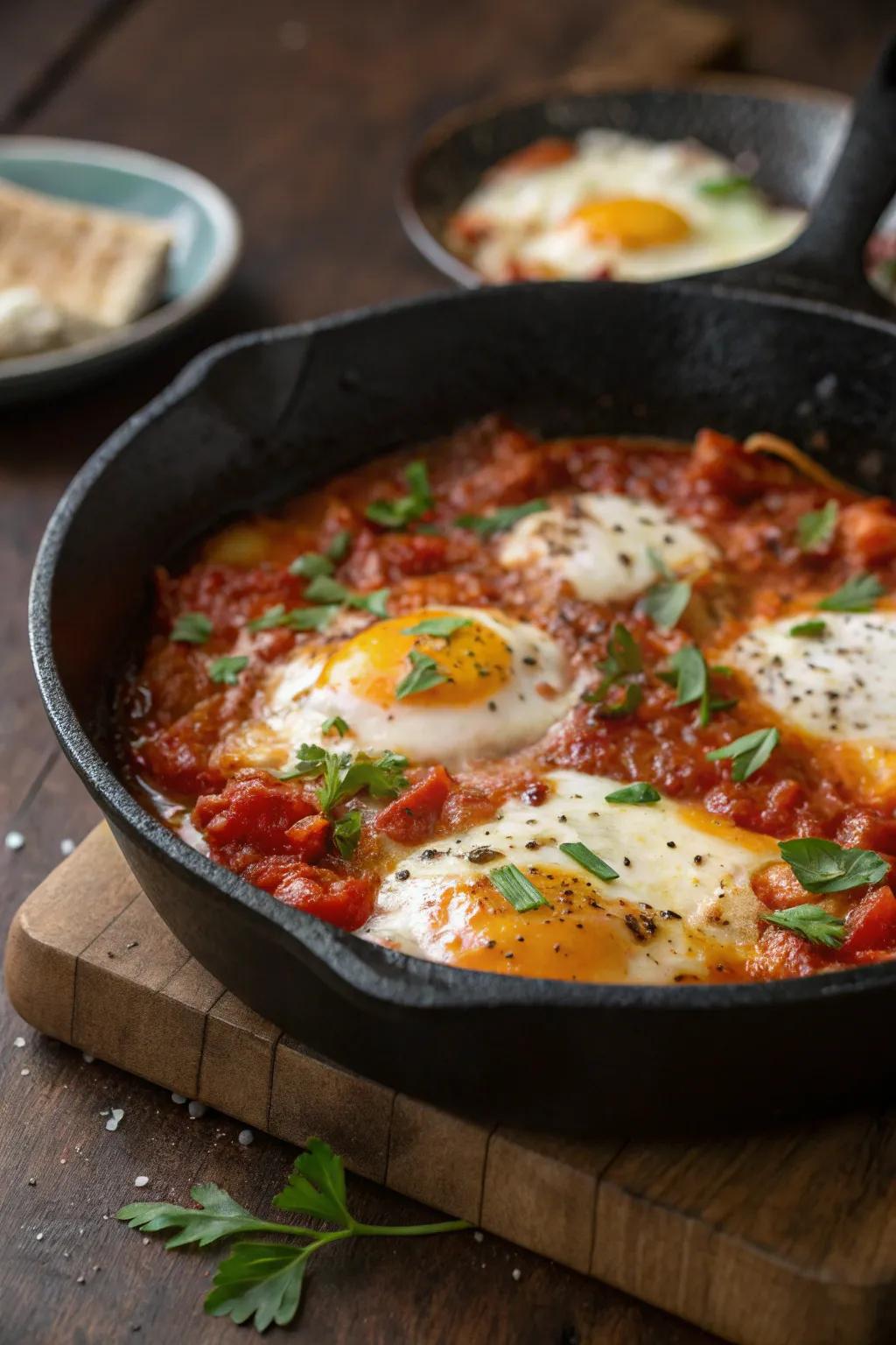 Shakshuka with poached eggs, the perfect dish to enjoy with crusty bread.