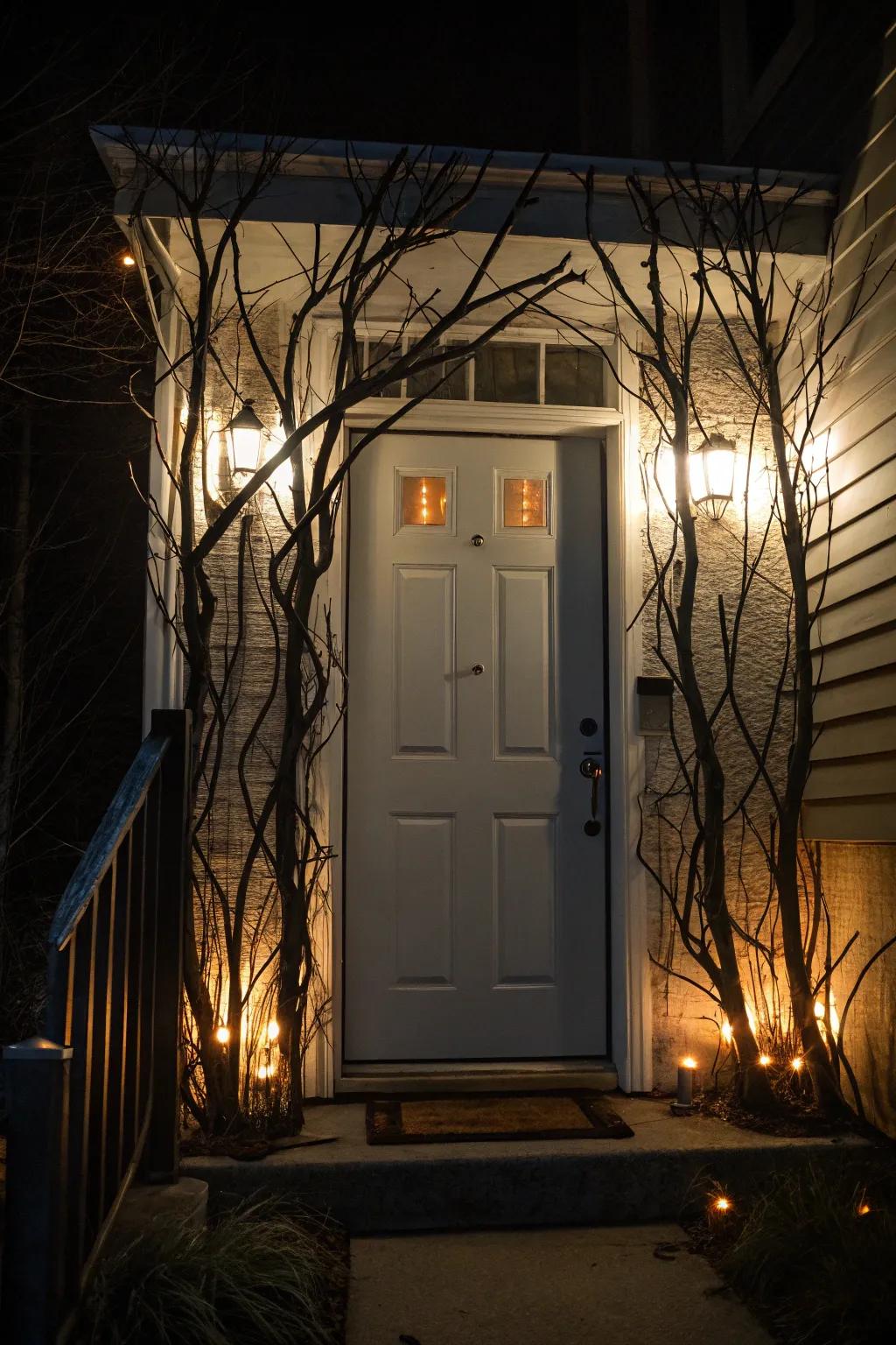 A Halloween door decoration with a haunted woodland theme.