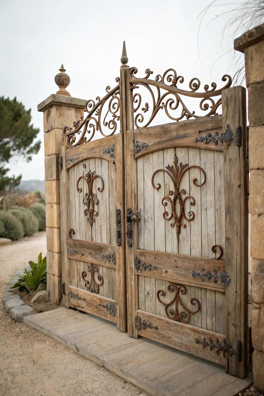 Heritage iron accents bestow rustic refinement to this wood gate.