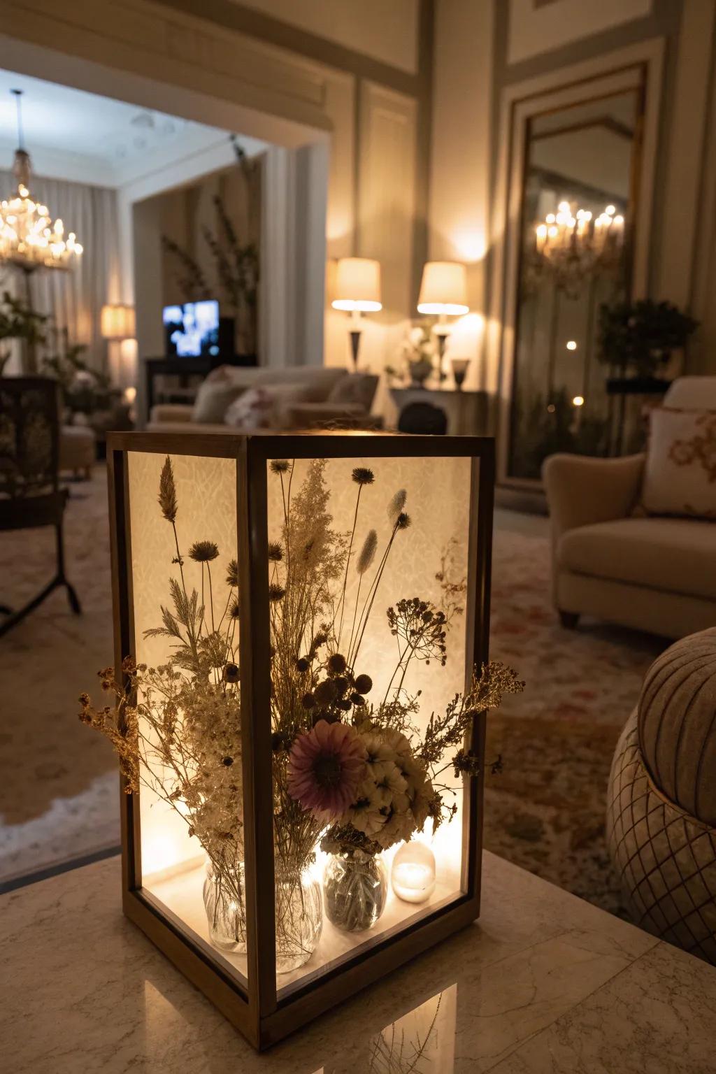 Illuminate your decor with a softly lit dried flower display case.