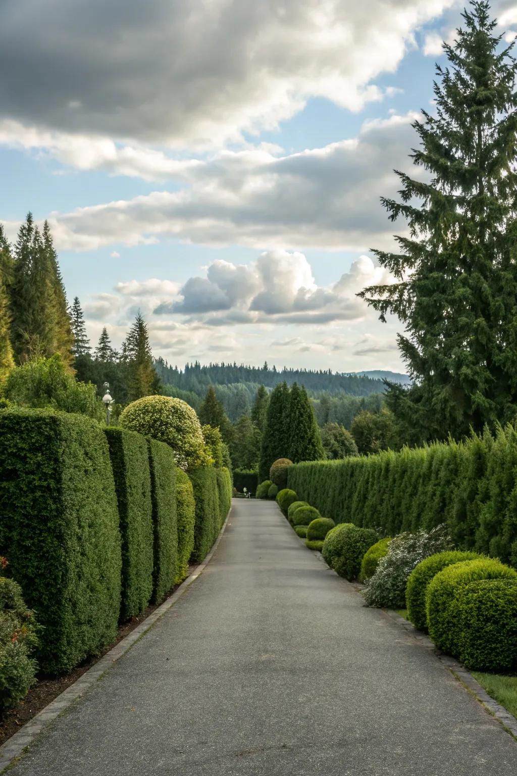 Evergreen hedges guaranteeing year-round verdure flanking a driveway.