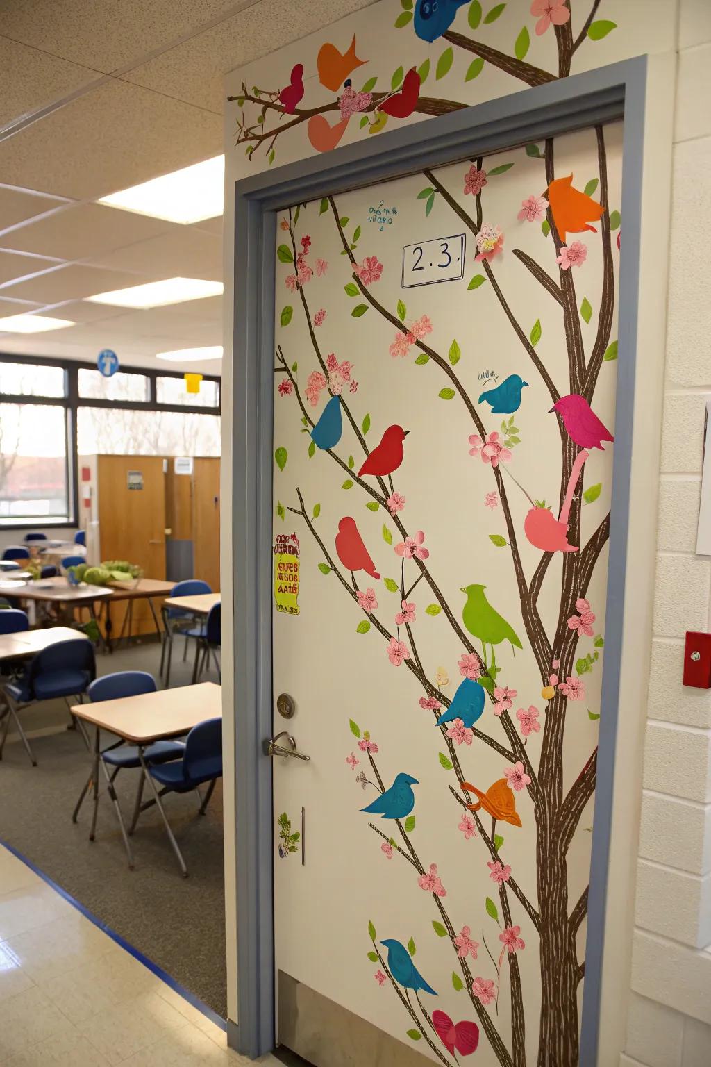 Chirping birds bring a touch of nature to this classroom door, celebrating the sounds of spring.