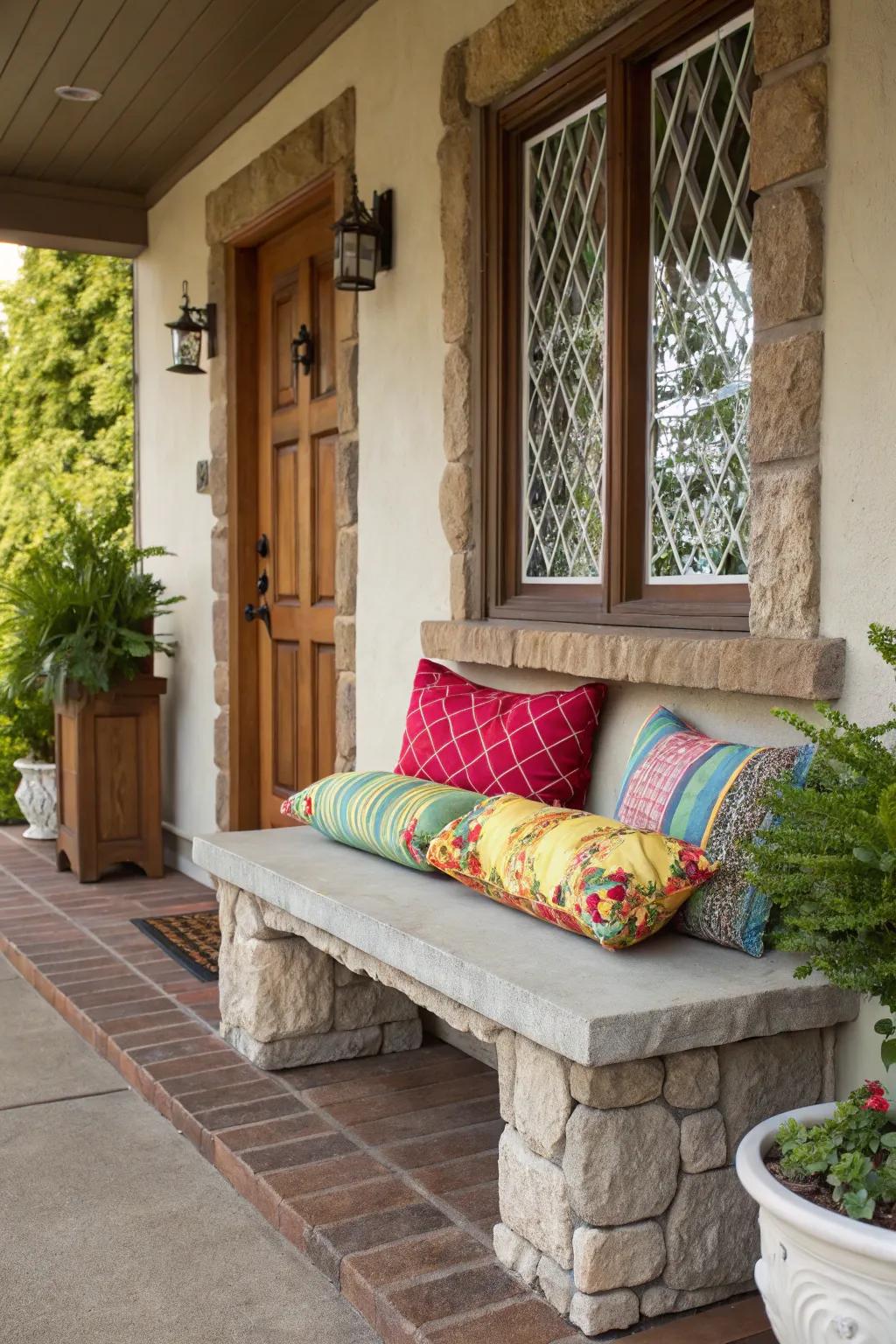 A snug stone bench complemented with pads, providing an ideal spot to unwind.