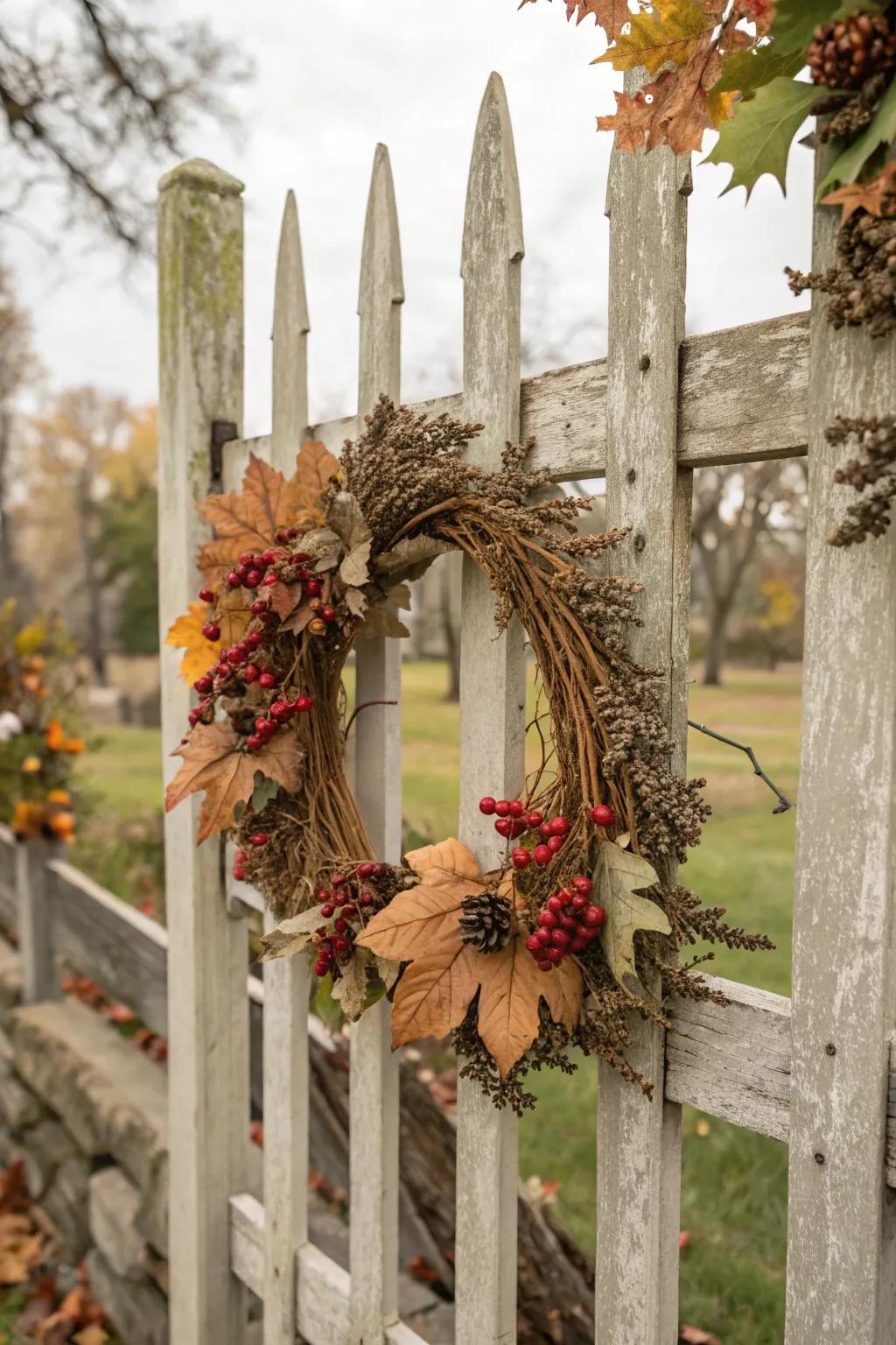 An autumnal chaplet of dried leaves and berries decorates the fence.