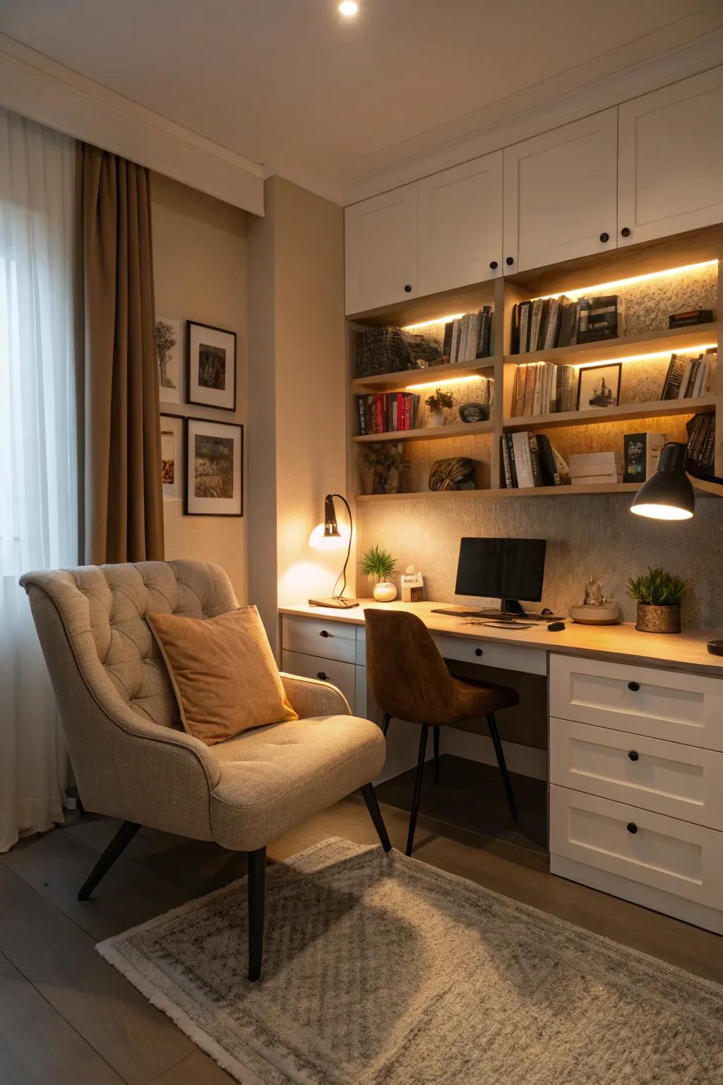 A seating area adds comfort and functionality to your office.