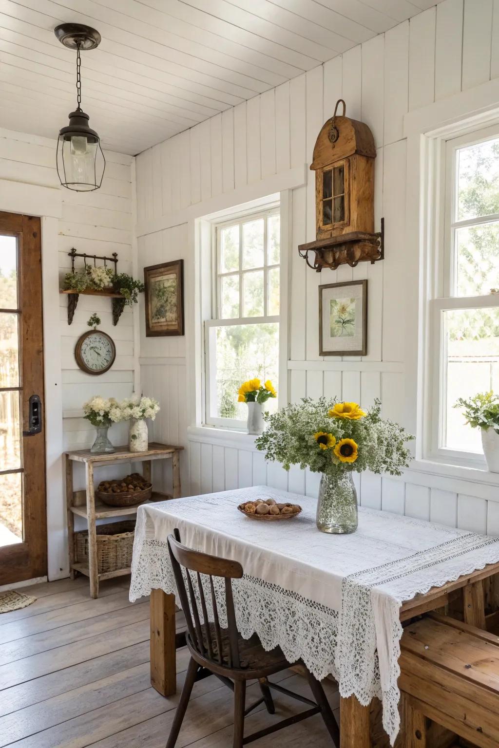 Classic white walls enhance the light and space in this farmhouse room.