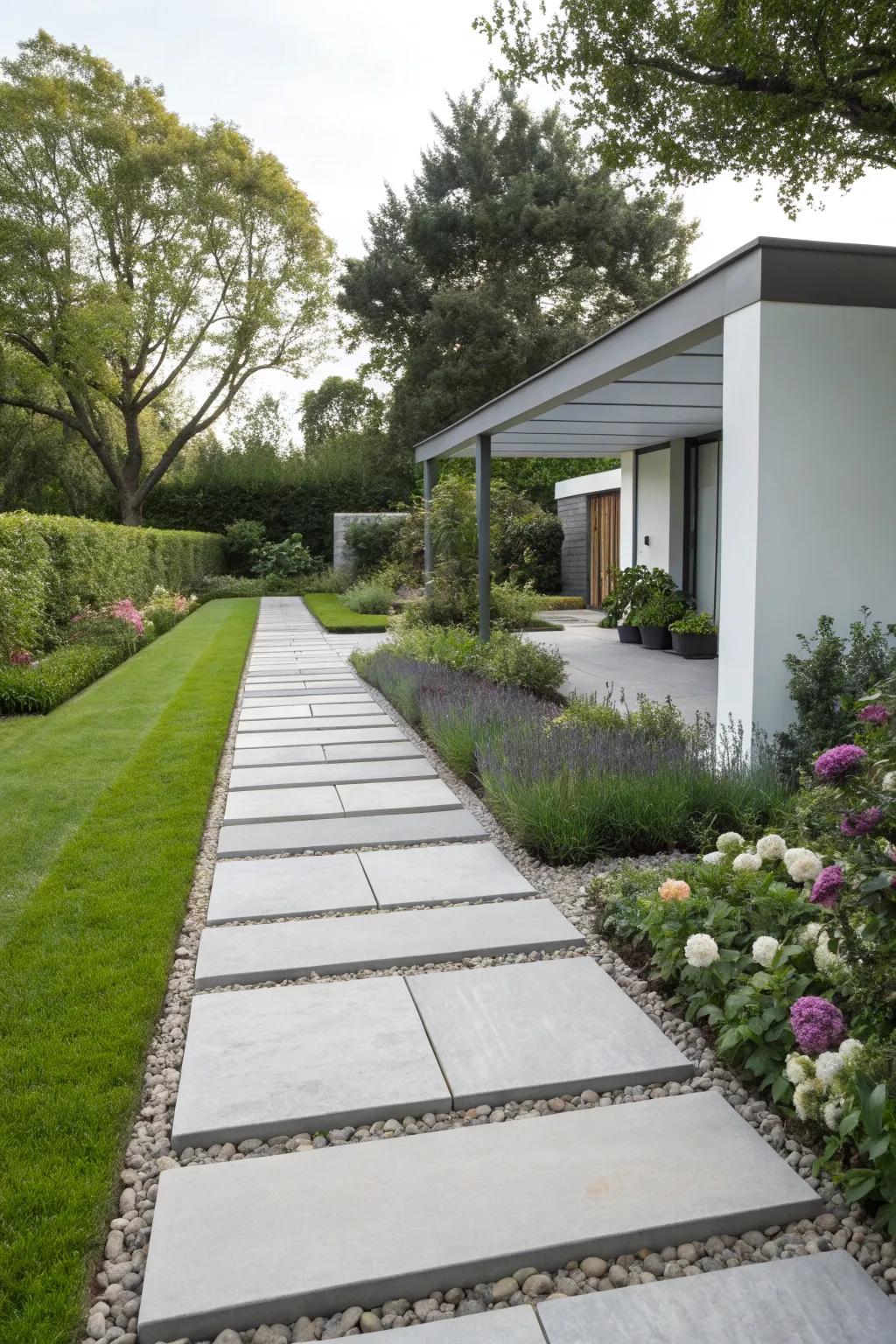 A contemporary cobblestone path featuring streamlined lines and minimalist appeal.