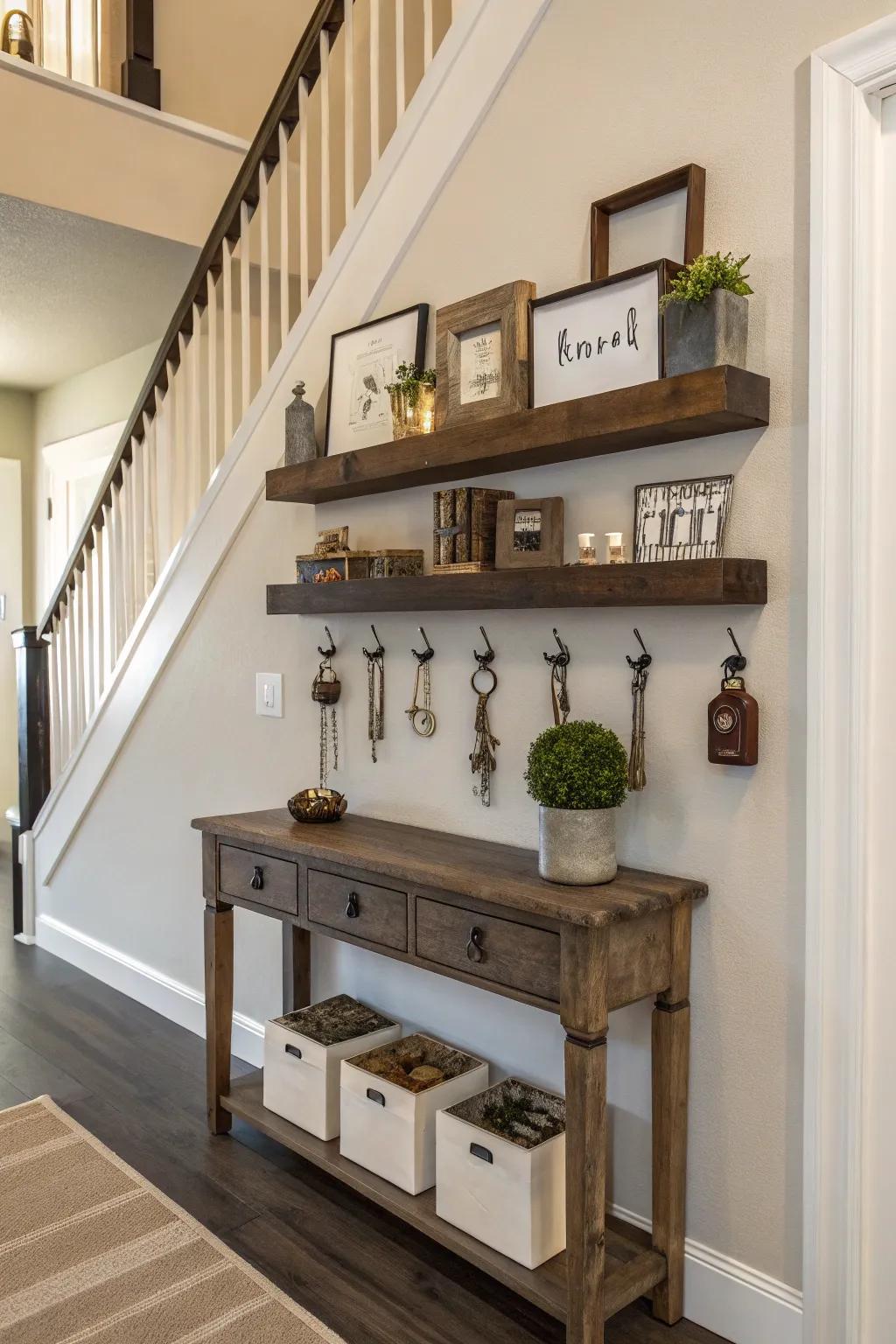 Foyer coordination implementing floating shelves for essentials.