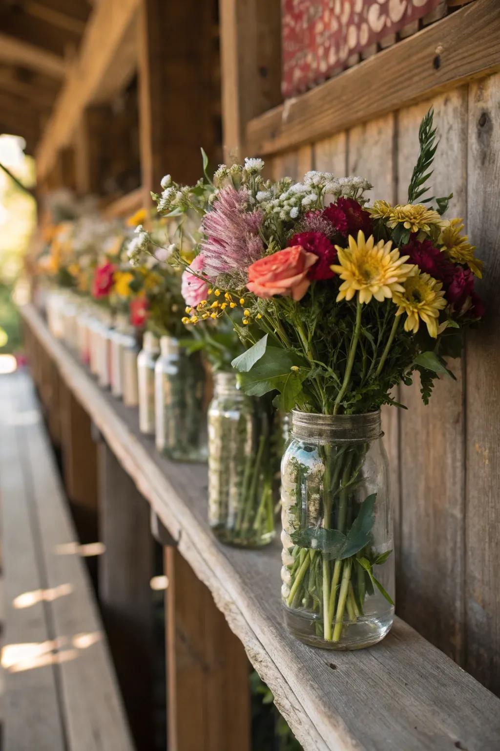 Lovely mason jar designs filled with mixed flowers.