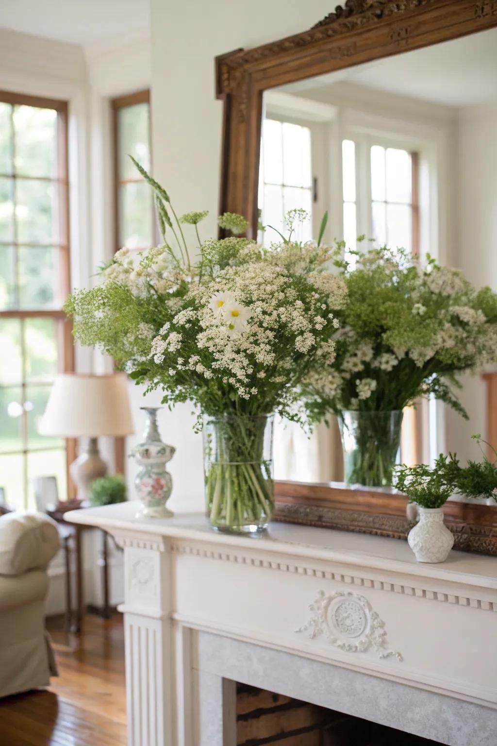 A mix of white wildflowers creating a natural look on a mantelpiece.