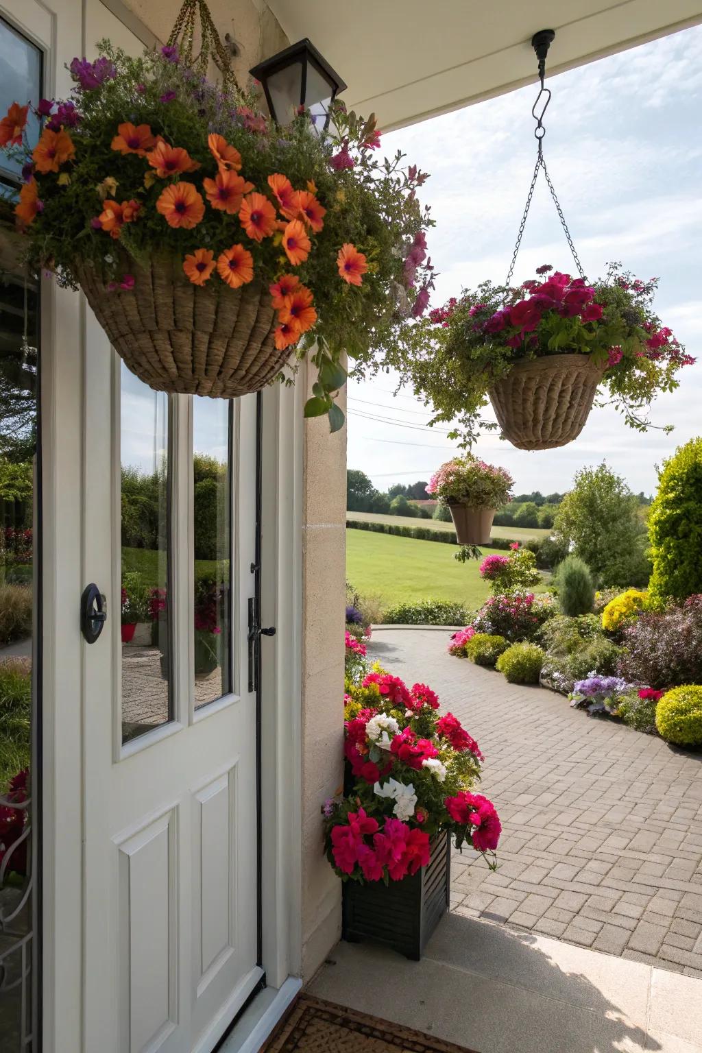 Hanging baskets bring vertical enthusiasm to the entryway.
