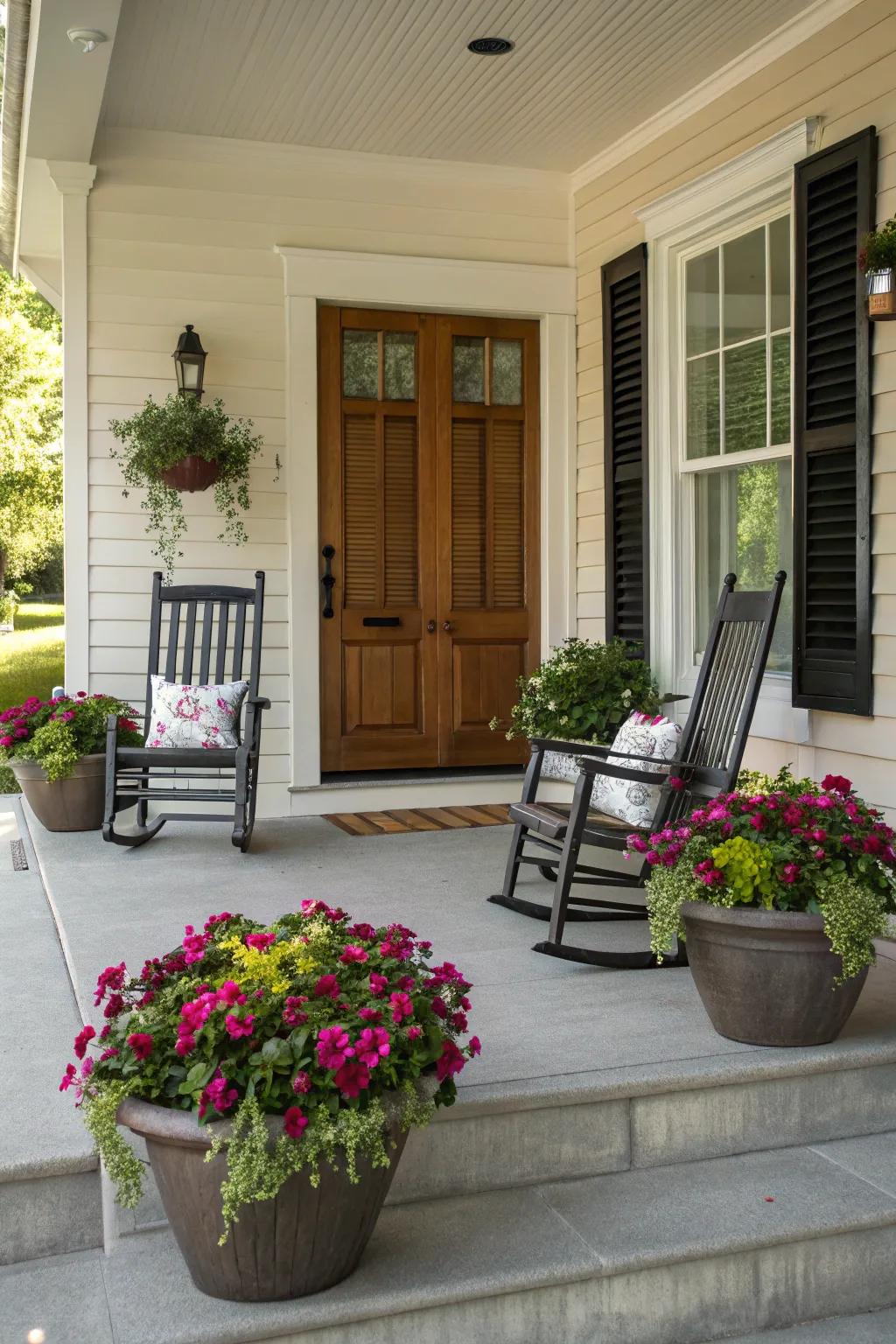 A front porch displays symmetrical seating and planters.