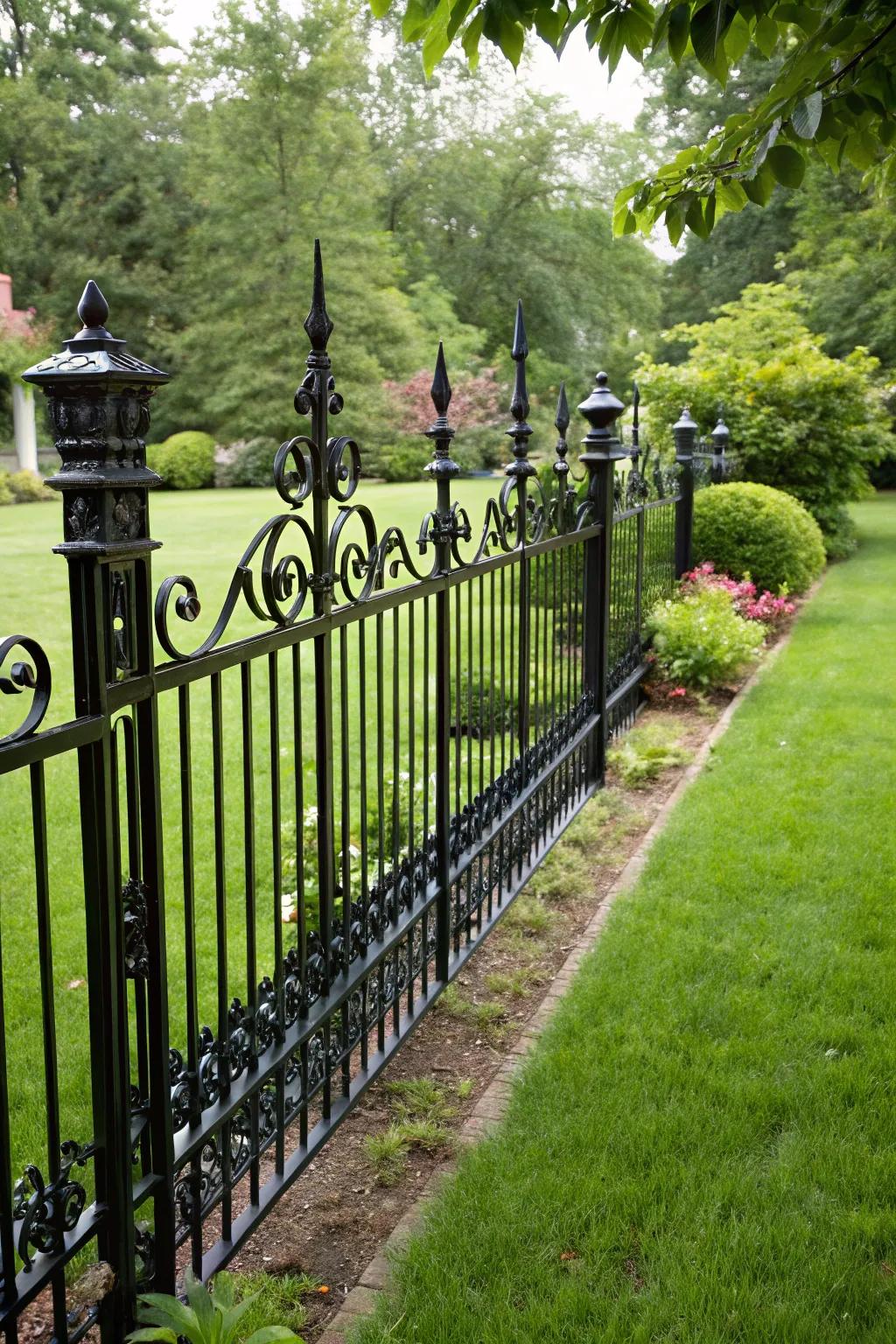 A bold black wrought iron fence providing a dramatic contrast in a lush yard.