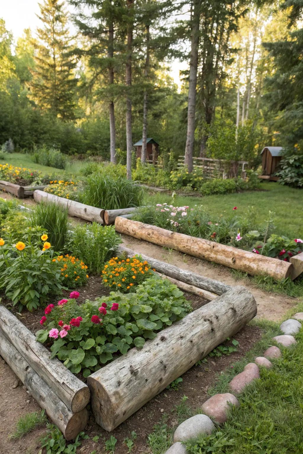 Logs form rustic borders that fit perfectly with nature.