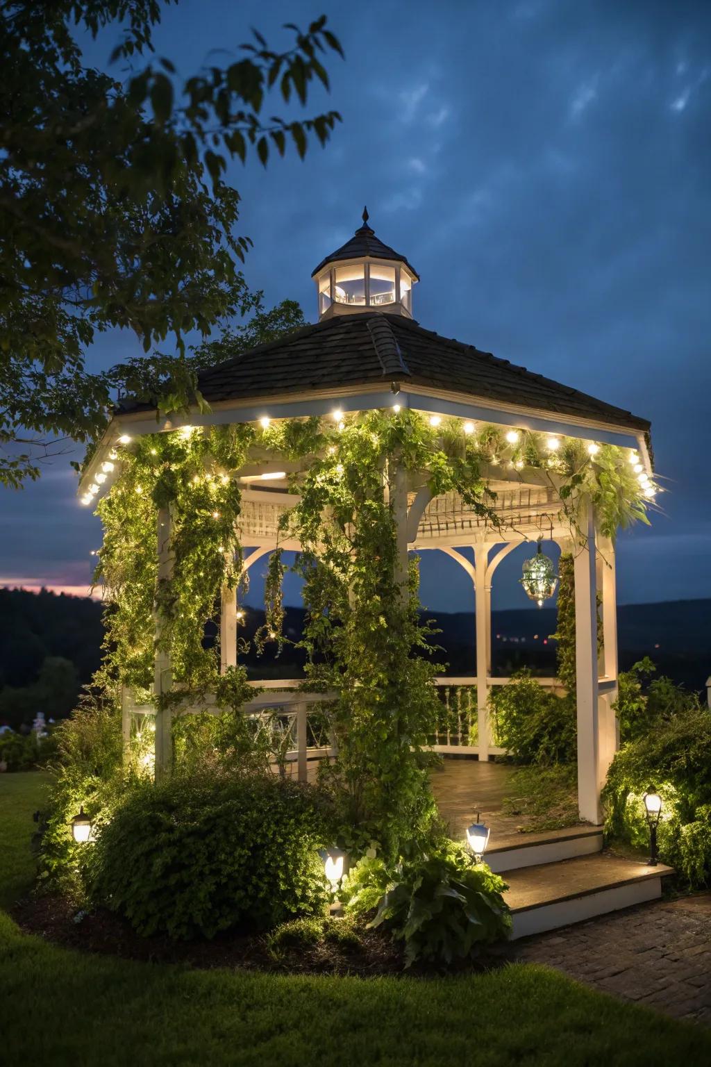 Uplighting blending the gazebo with its natural surroundings.