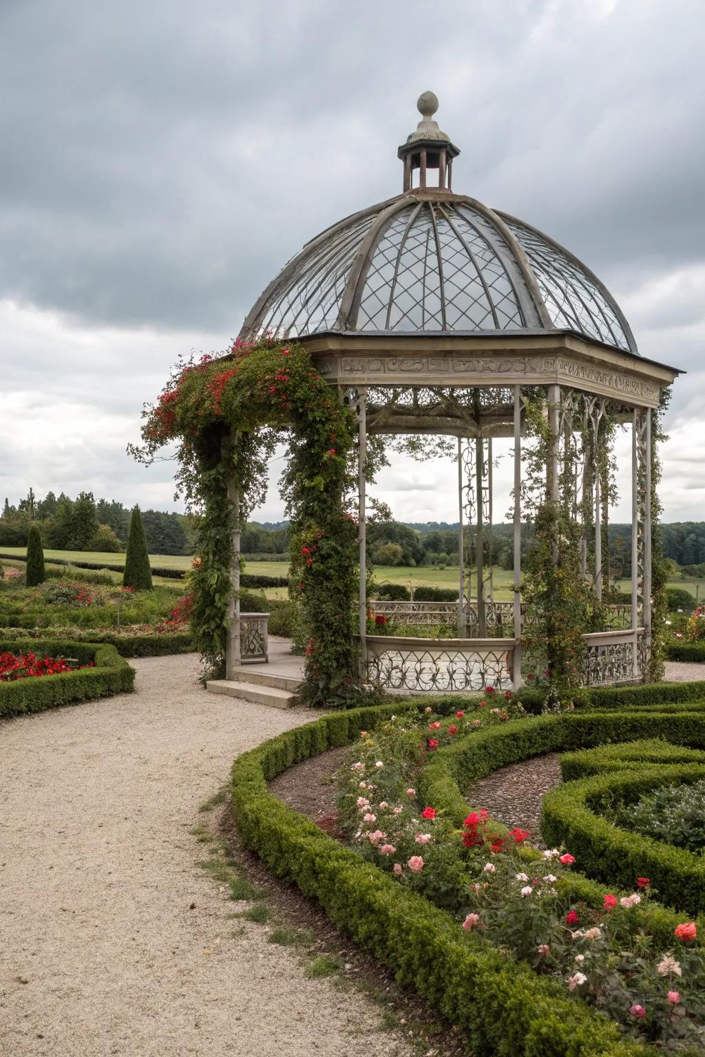 A gazebo with a refined barrel vault, enhancing the garden's sophistication.