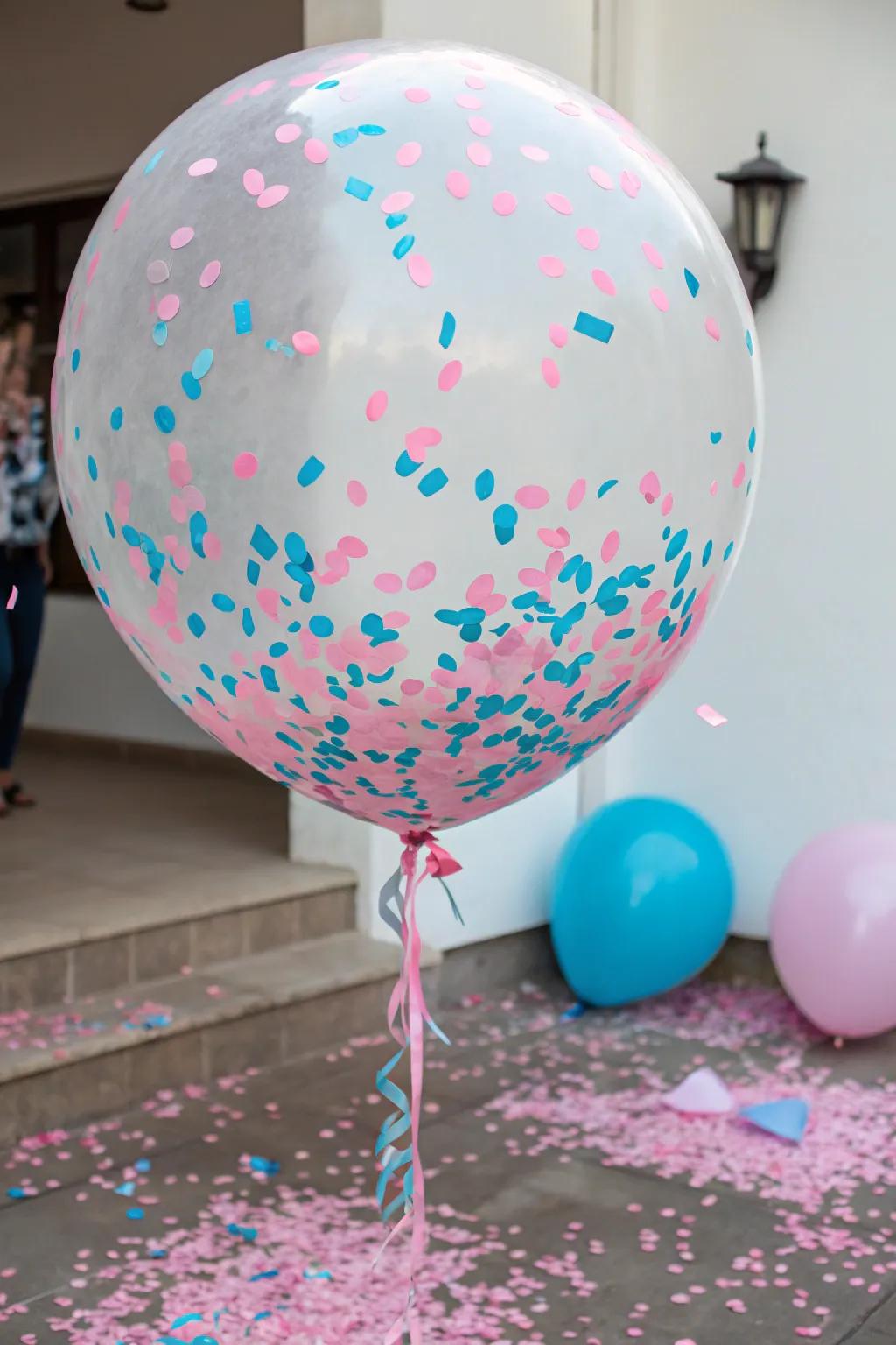 A suspenseful balloon pop ready to reveal the big surprise.