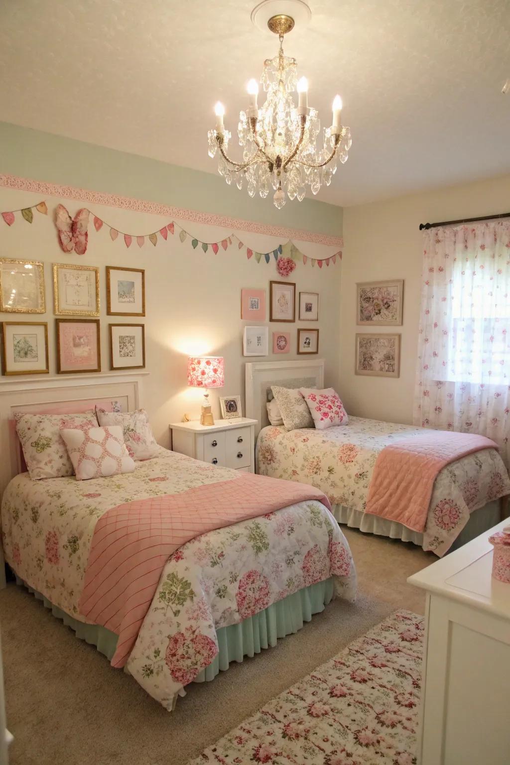 Elegant lighting fixtures enhance the ambiance in a shared girls' room.