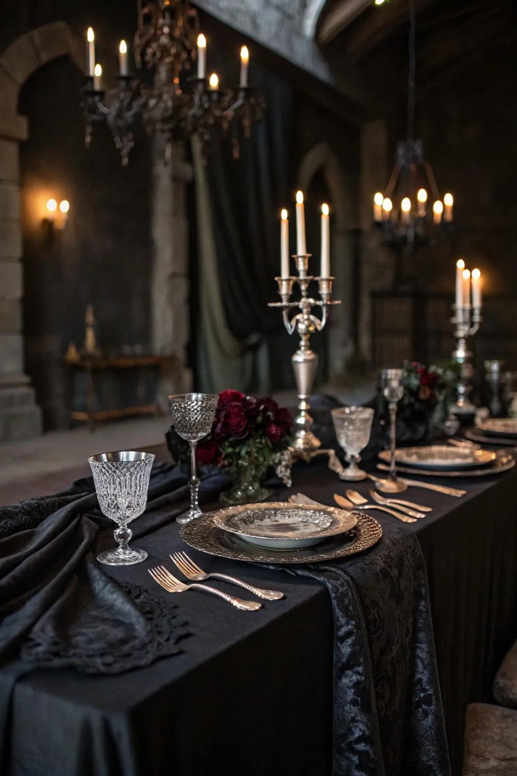 A Gothic wedding table set with antique flatware and dark textiles.