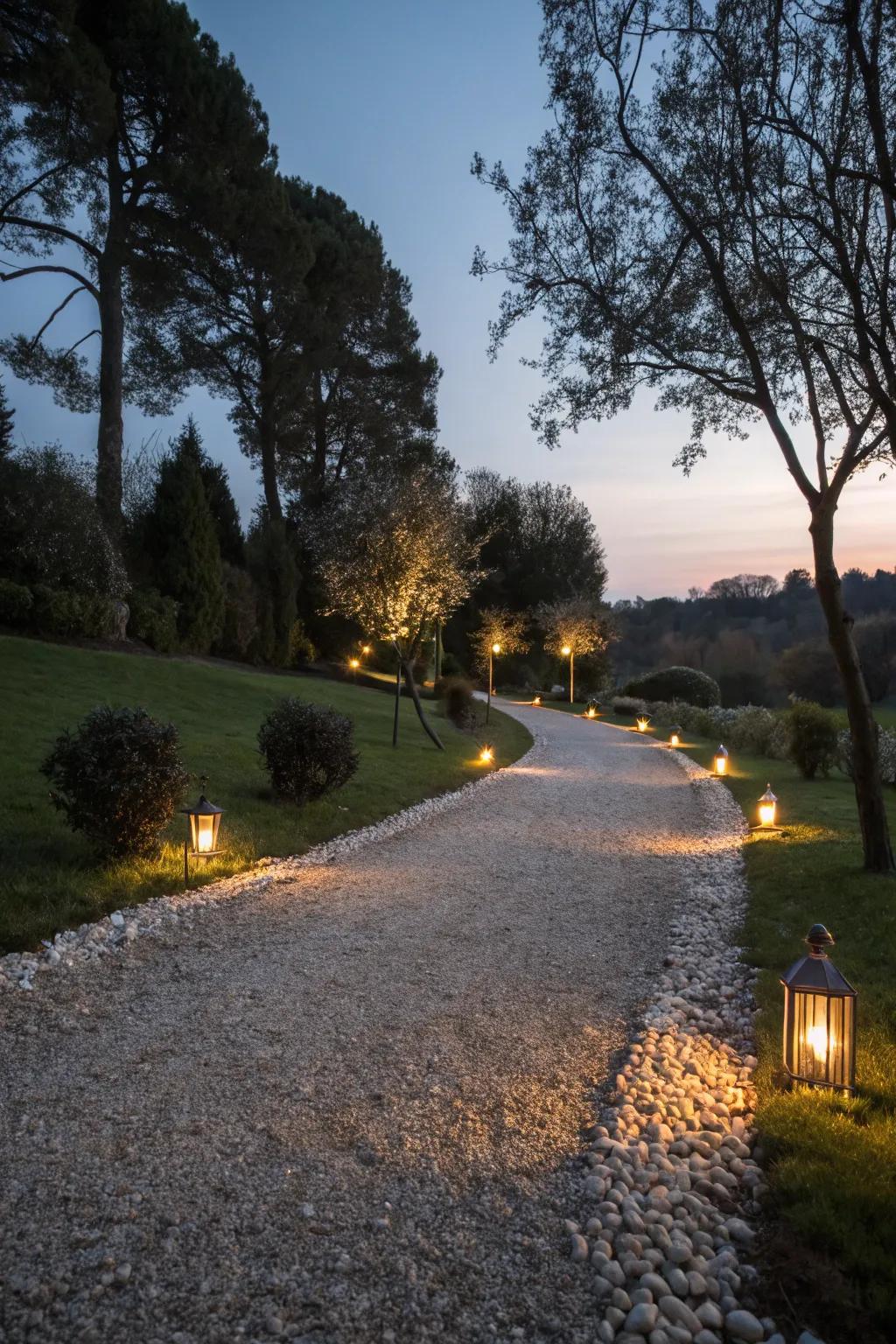 Path lighting creates a magical atmosphere in the evening.