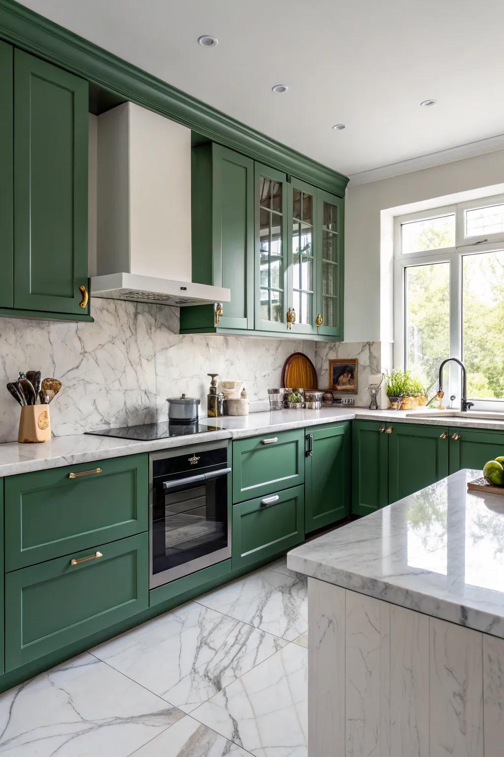 Elegant stone worktops enhancing a green kitchen.
