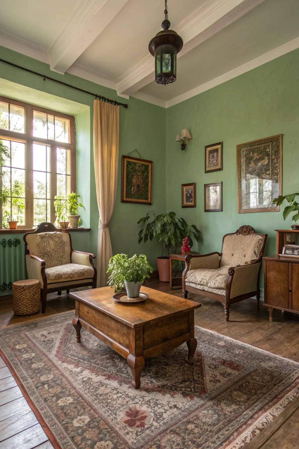 Period and country pieces enrich the appeal of this green-themed space.