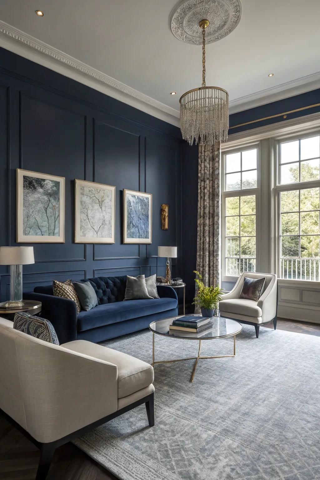 Ocean-shade walls strike a bold contrast with gray carpets.