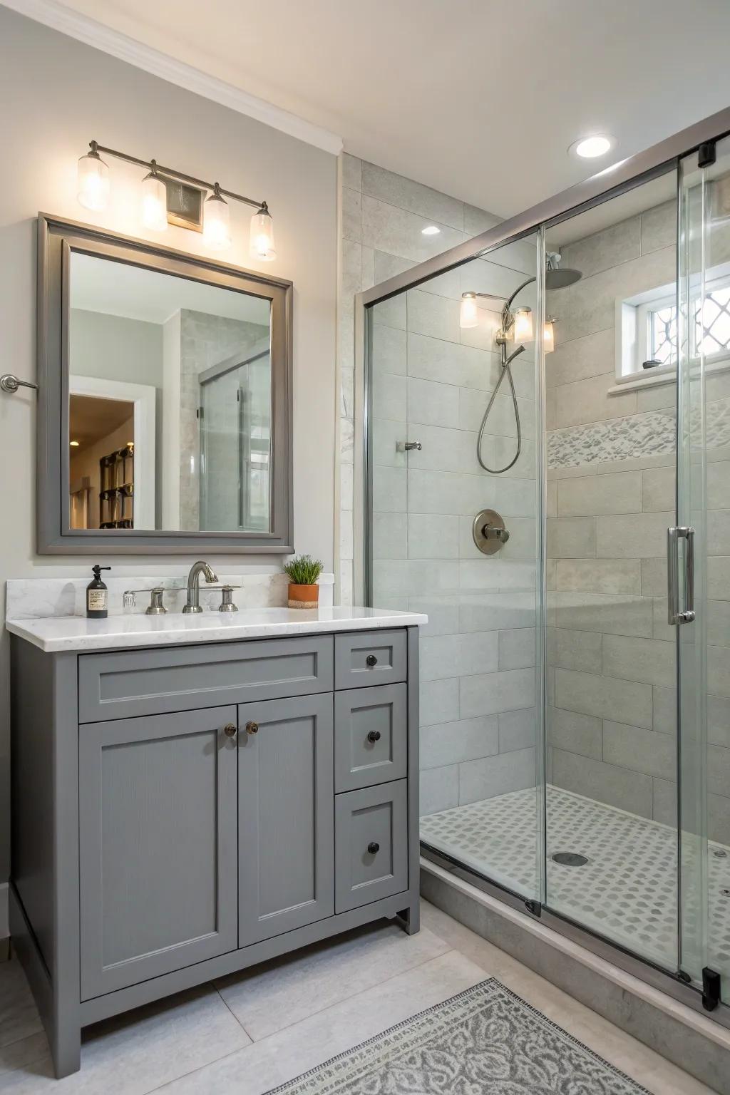 Seamless integration of vanity and shower for a clean, open look.