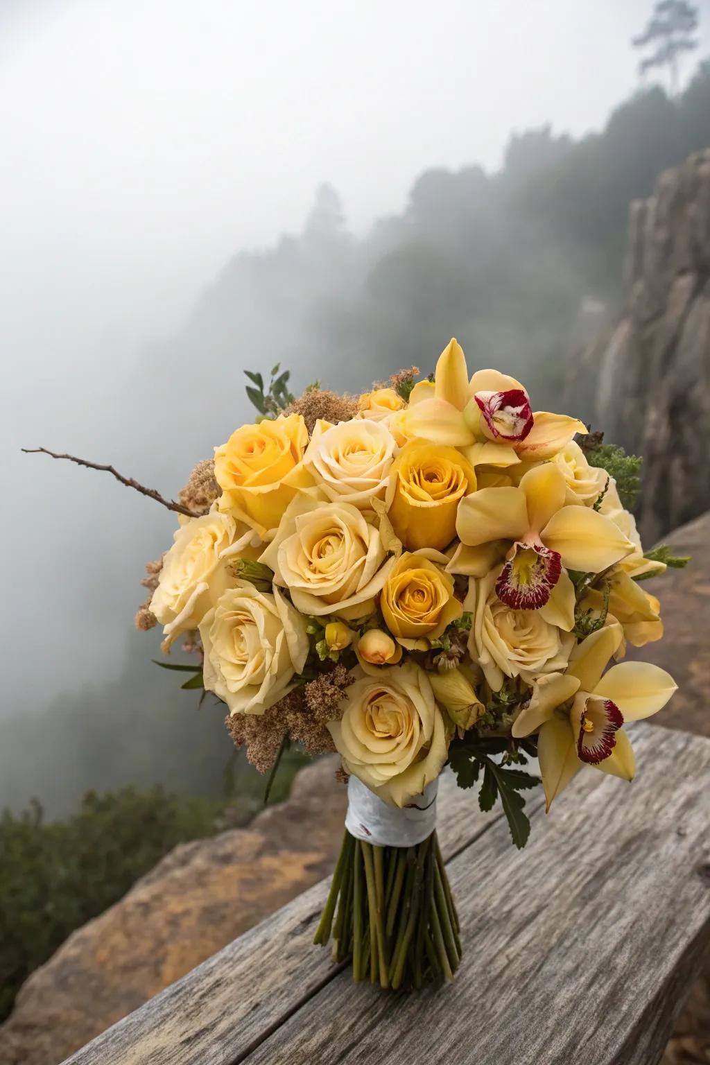 Golden blooms bring an ethereal glow to Halloween arrangements.
