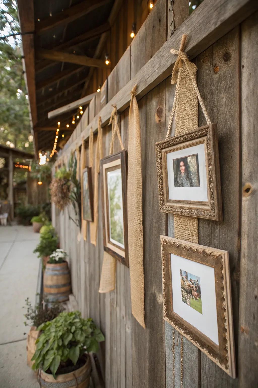 Rustic charm with vintage frames hung using burlap ribbons.