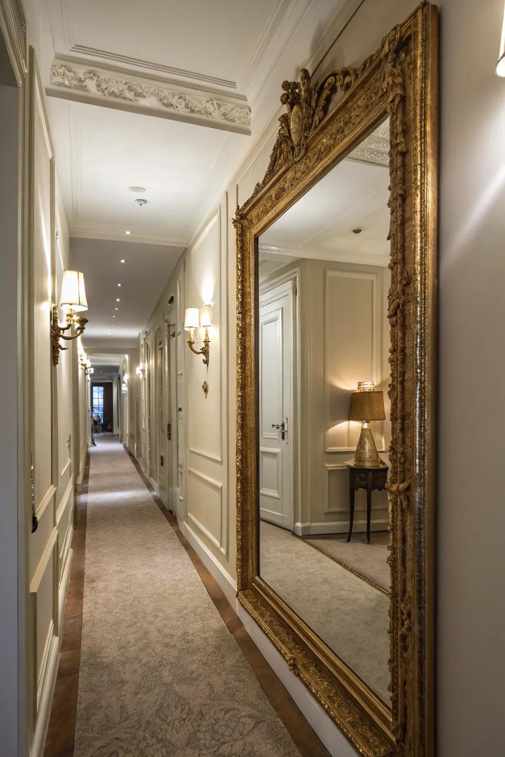 A hallway featuring a secret door disguised as a large mirror.