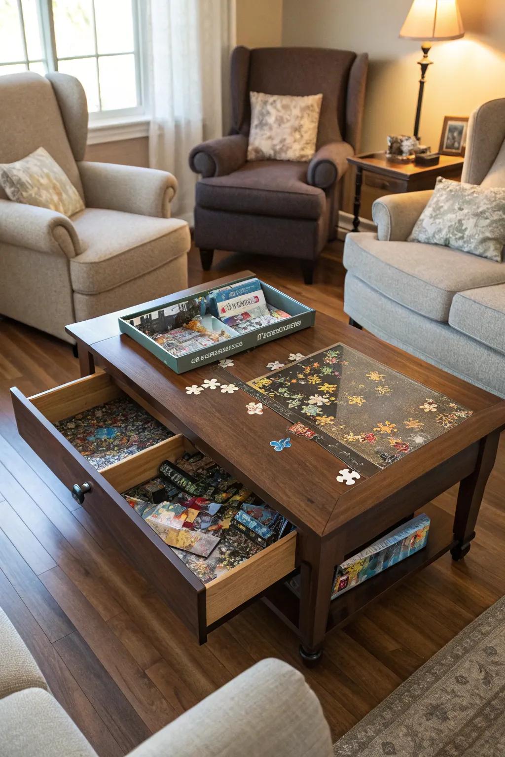 A multifunctional table with puzzle storage.
