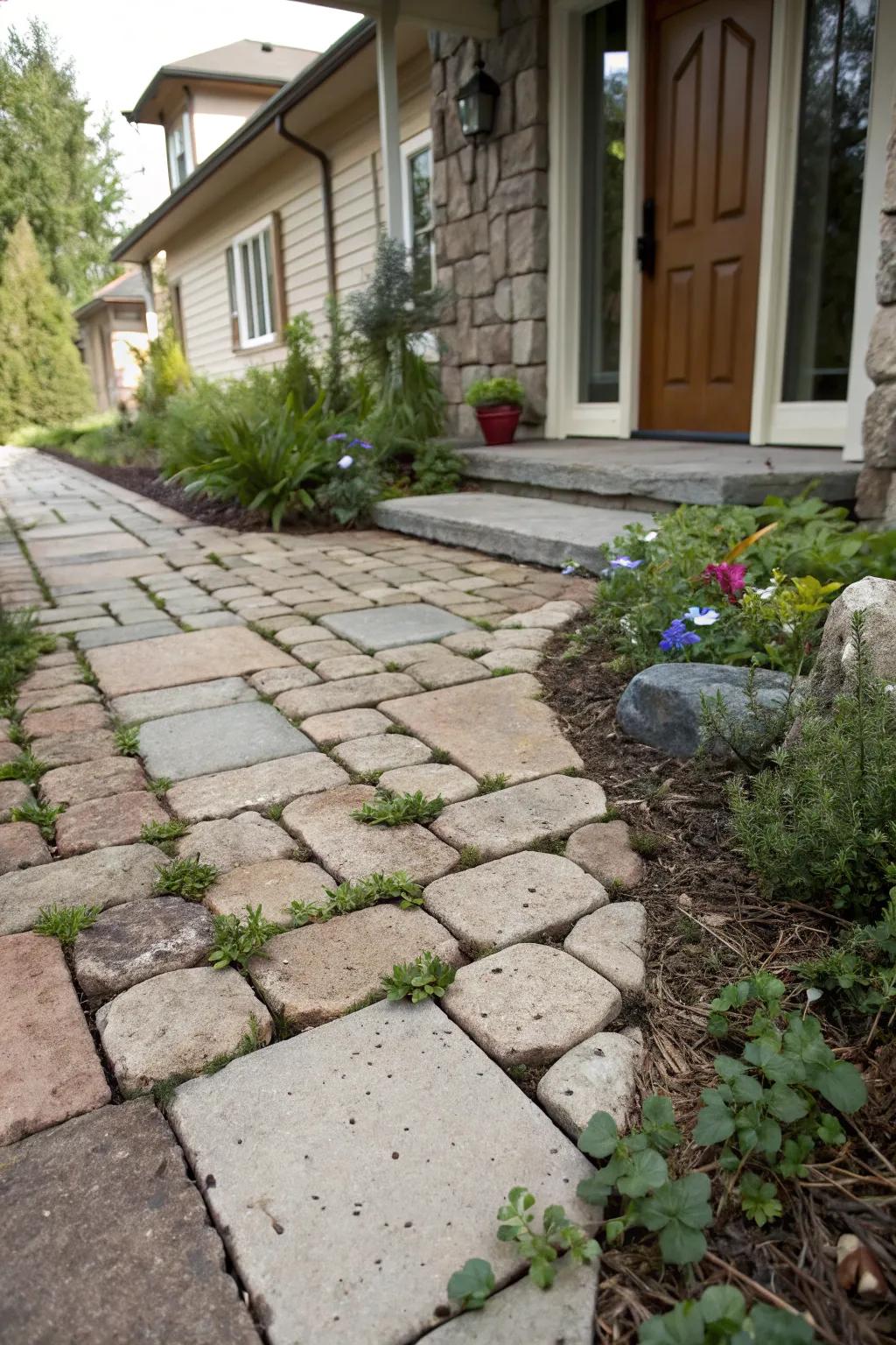 Greenery between pavers creates a lively and inviting entrance.