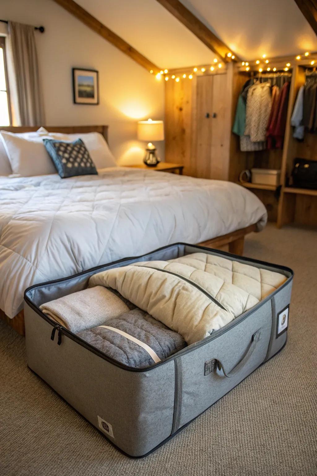 Underbed storage maximizes space while concealing comforters.