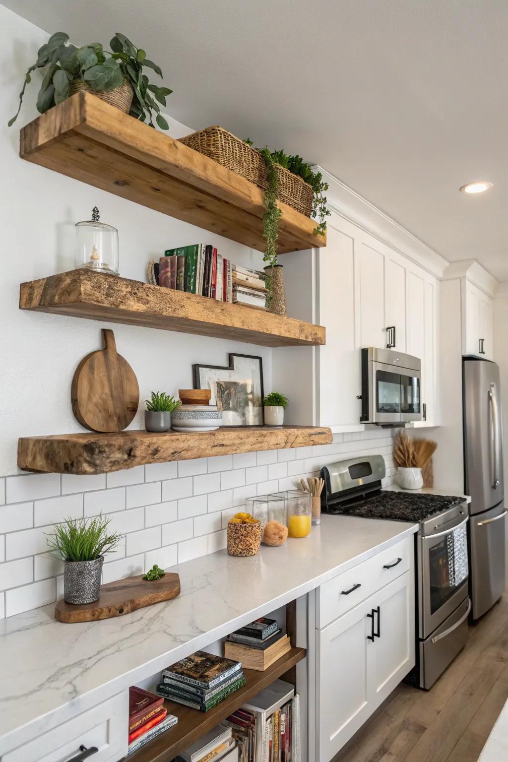 Live-edge shelves bring nature and elegance into your kitchen.