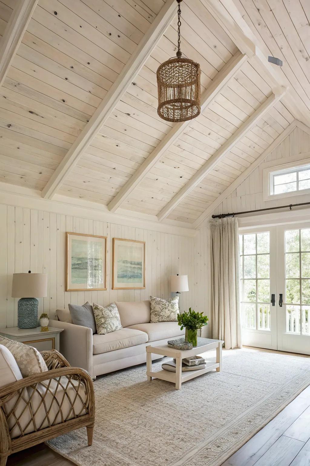 A room showcasing a revitalizing and brightened whitewashed rough-sawn fir ceiling.