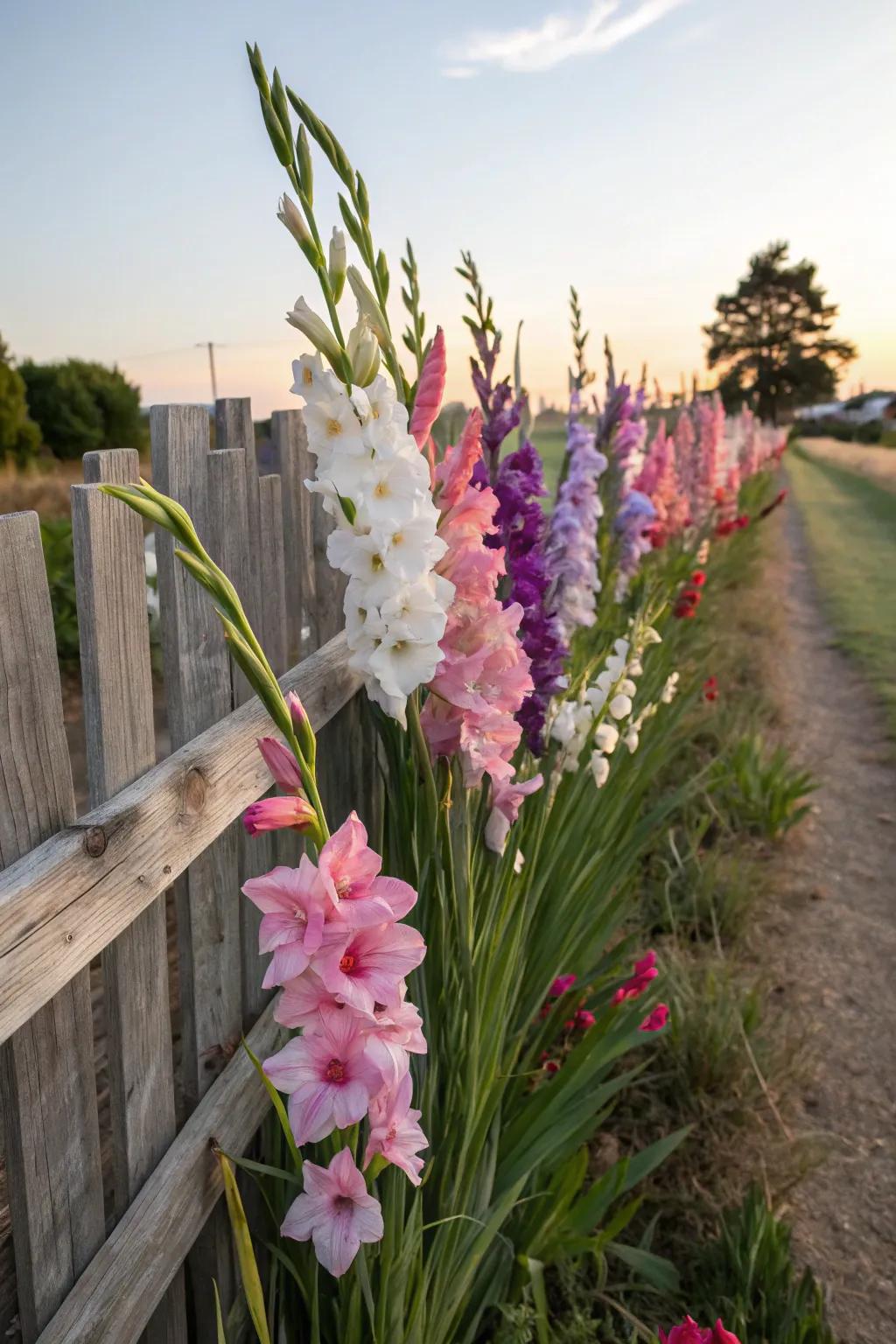 Gladiolus create a stunning backdrop against a rustic fence.